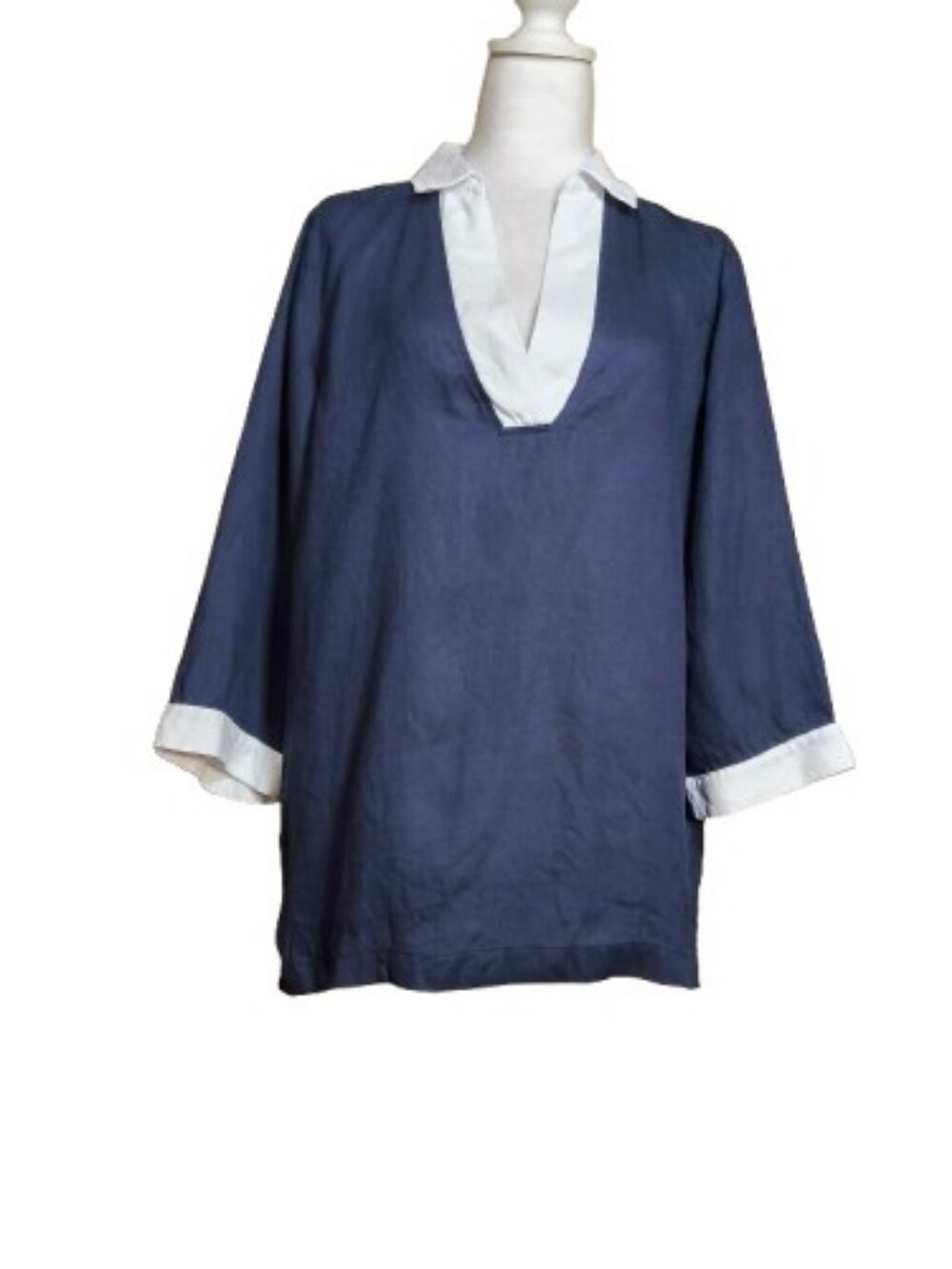 Isaac Mizrahi New York 100% Linen Navy Tunic Blouse Medium Coastal Preppy